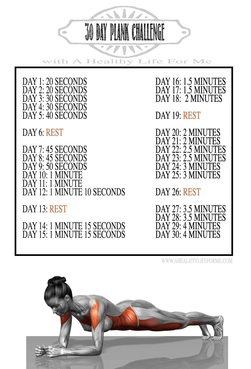 30 Day Plank Challenge Printable Chart