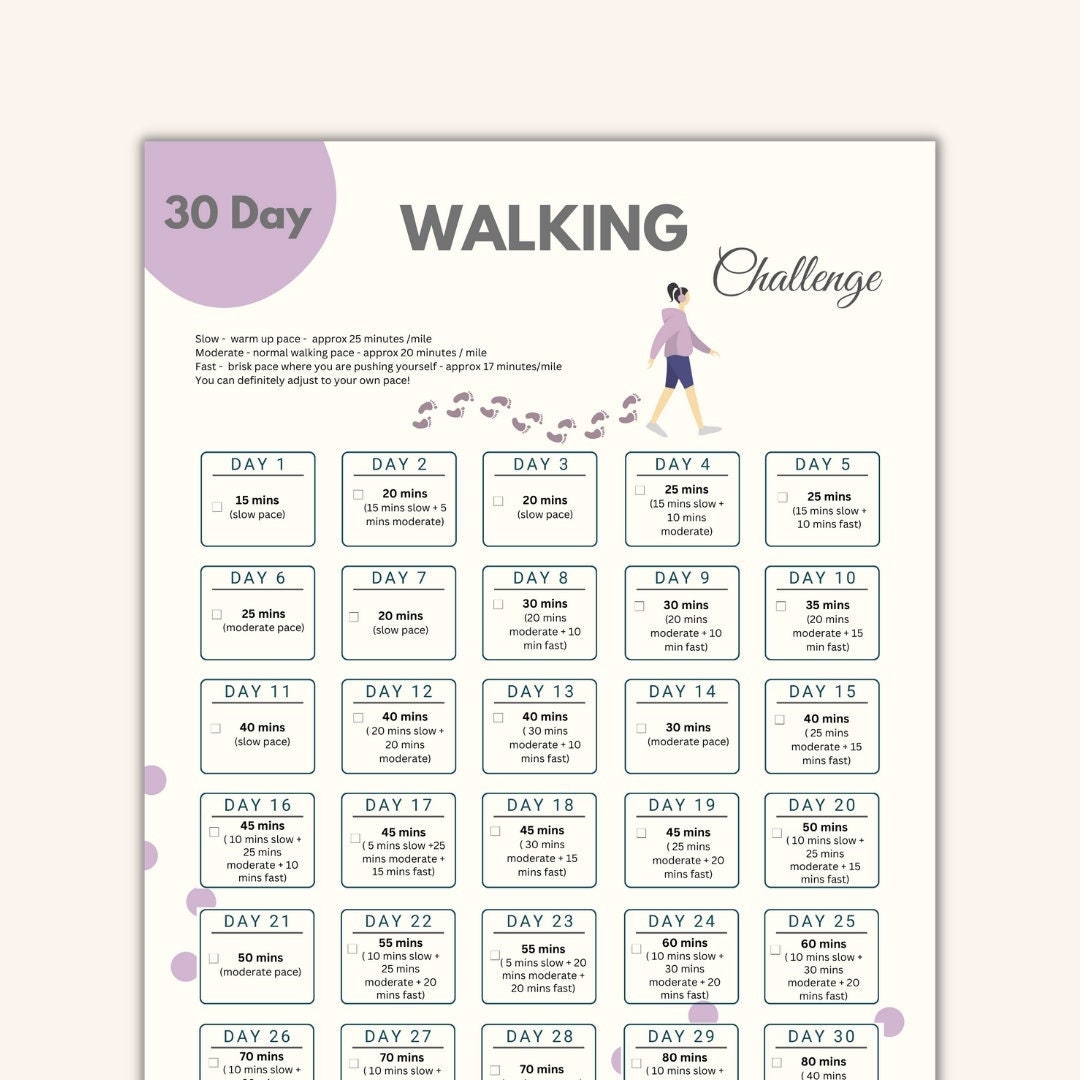 30 Day Walking Challenge Printable Digital Walking Planner Monthly Walking Tracker Step Up To Wellness Daily Walking Journal Etsy
