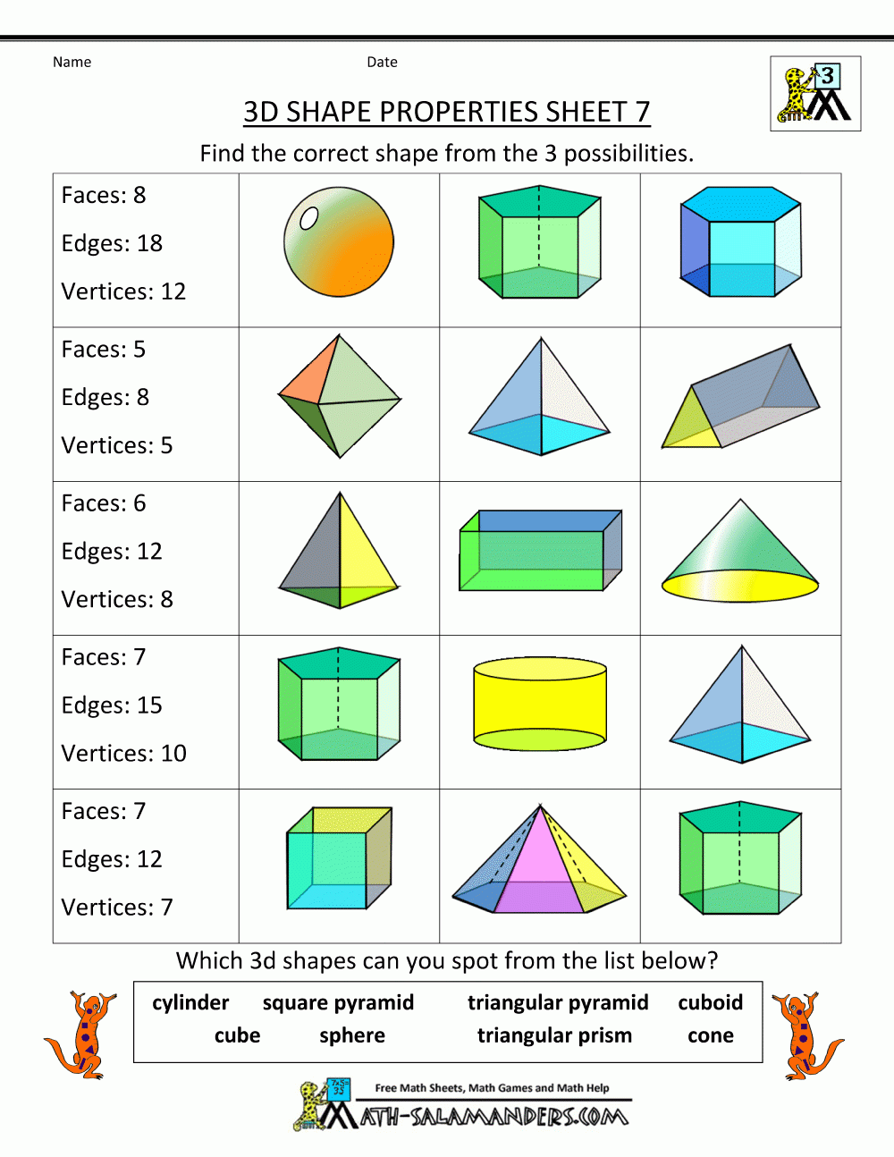 3d Shapes Worksheets