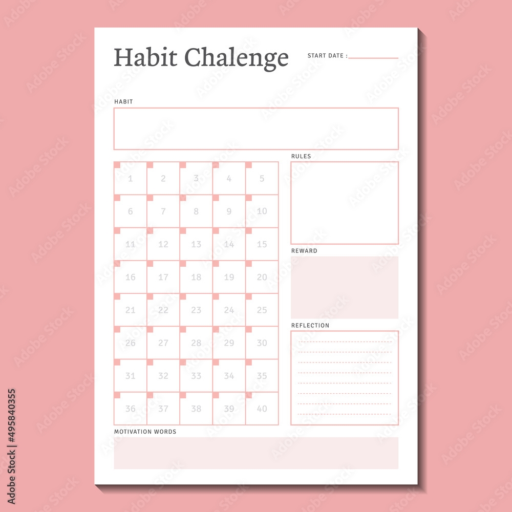 40 Day Habit Challenge Planner Daily Tracker Grid Template Vector In Minimalist Outline Style Stock Vector Adobe Stock