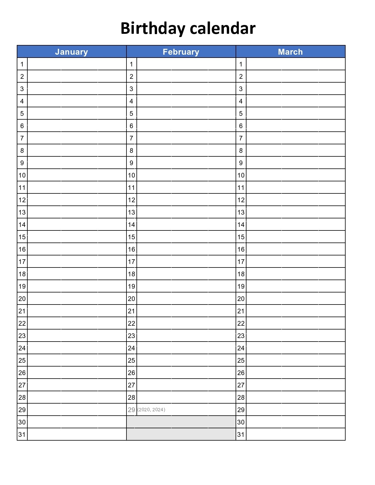 Monthly Birthday Chart Printable