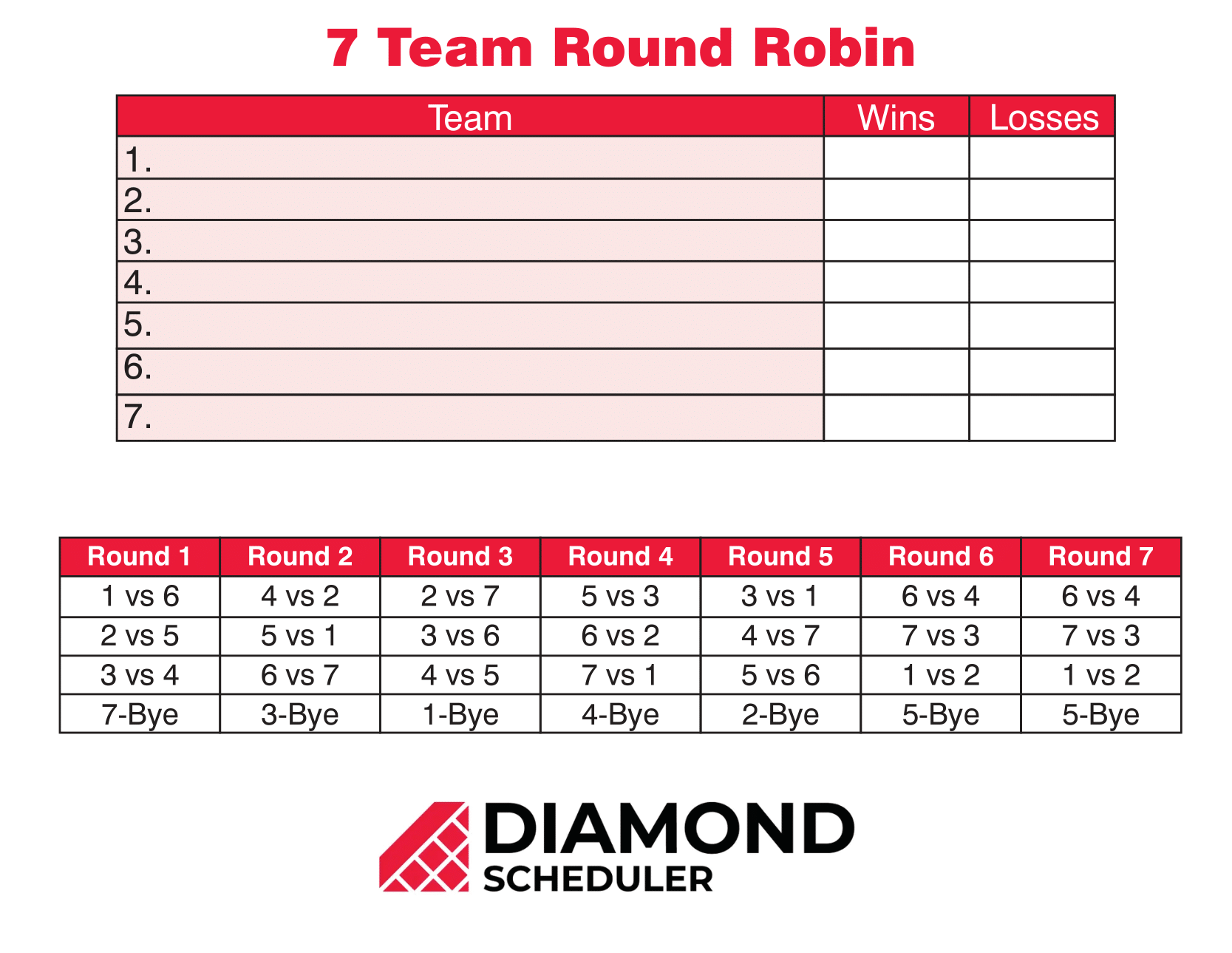 7 Team Round Robin Tournament Printable Diamond Scheduler