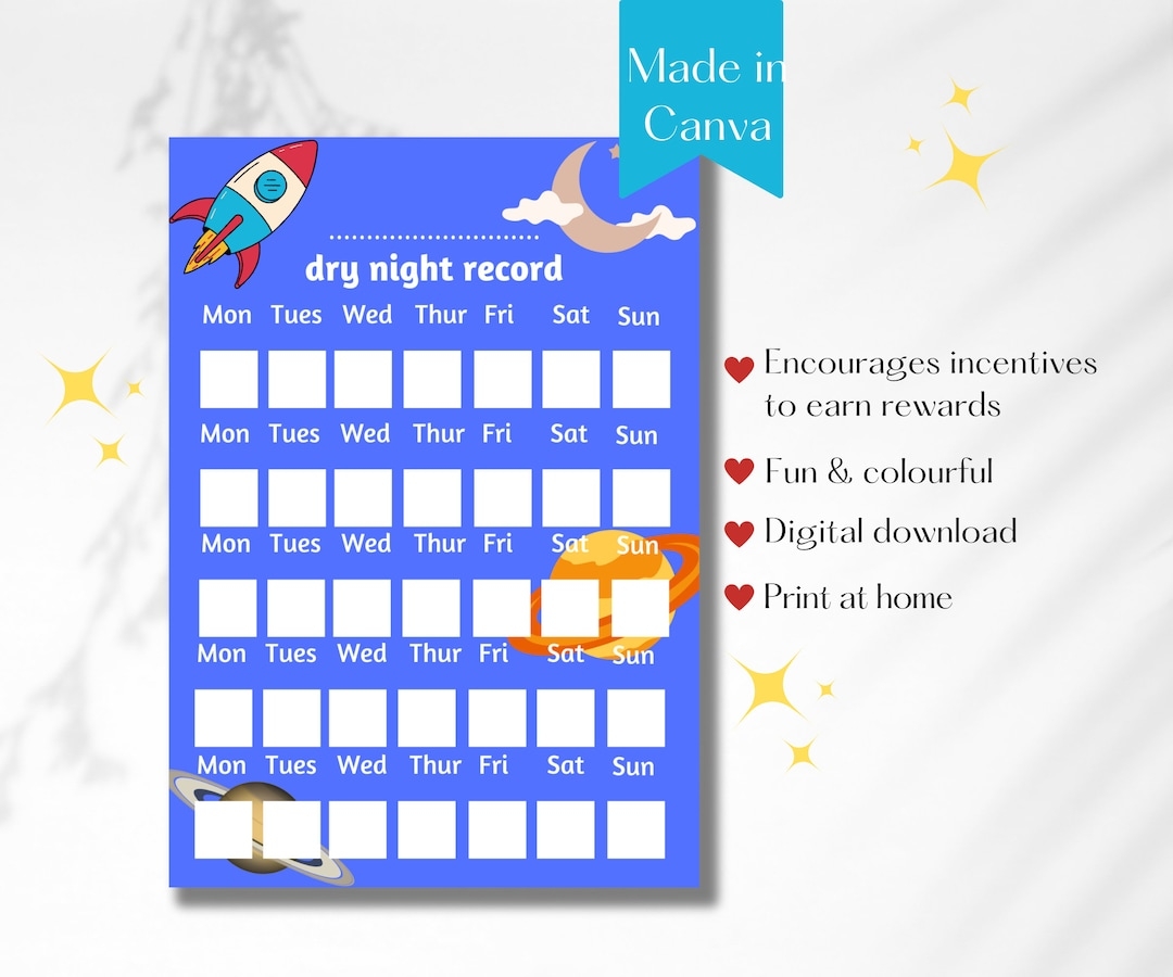 A4 Boys Dry Night Chart Dry Night Tracker Boys Rocket And Space Reward Chart For Kids Reward Chart Printable Print At Home Reward Chart Etsy