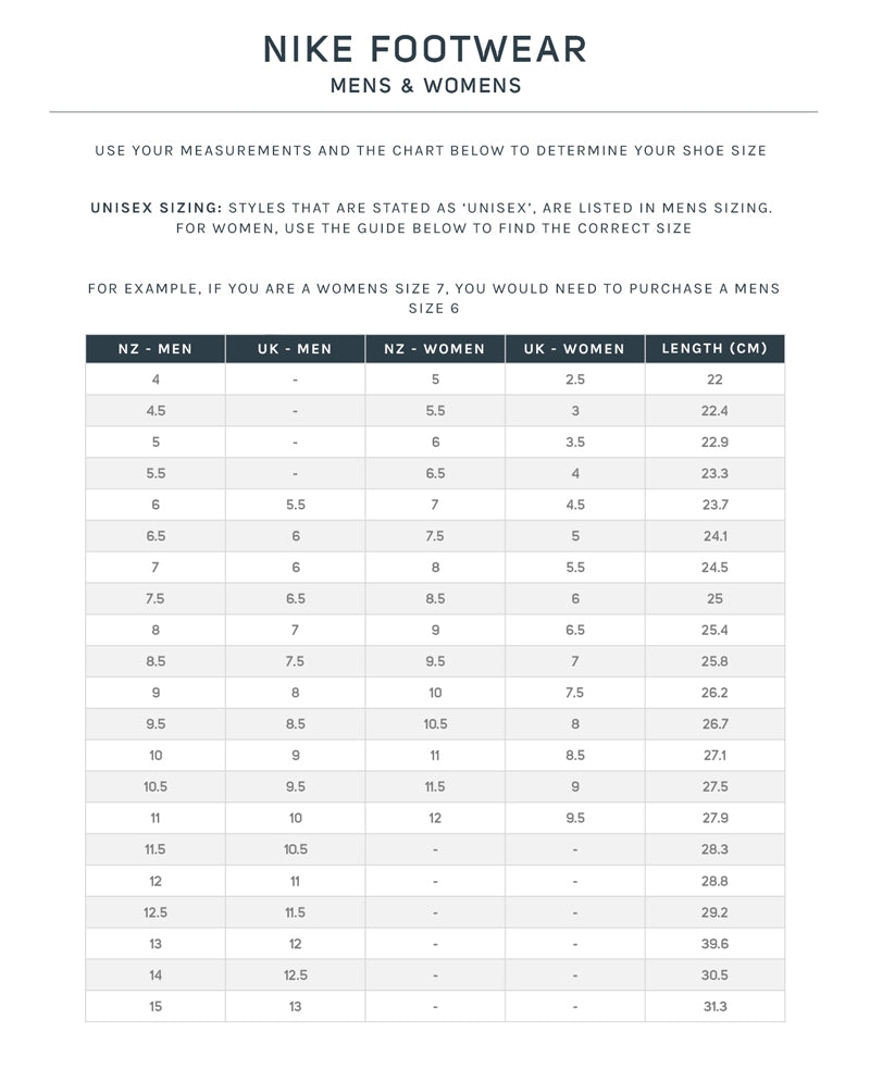 Printable Nike Shoe Size Chart