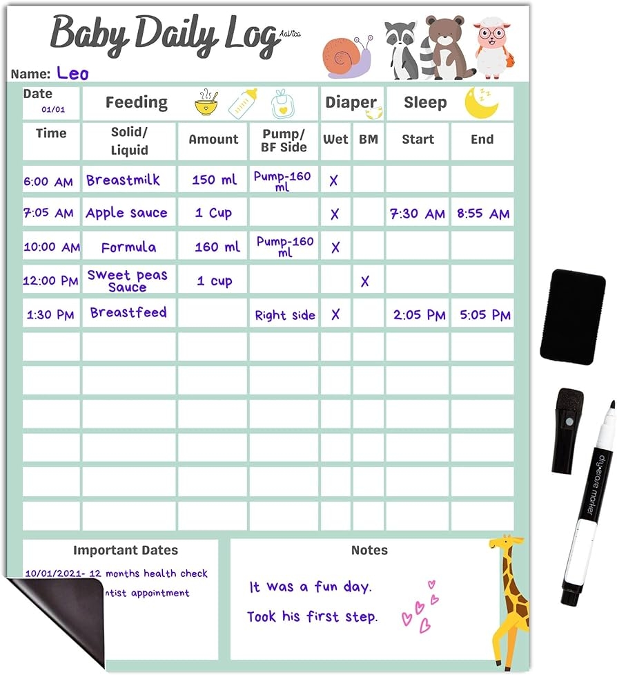 Amazon Baby Daily Log Chart Dry Erase Whiteboard For Logging Daily Schedule For Newborns And Toddlers Log Feeding Diaper Change Naps And Daily Activities Board For Refrigerator With Pen And Eraser 