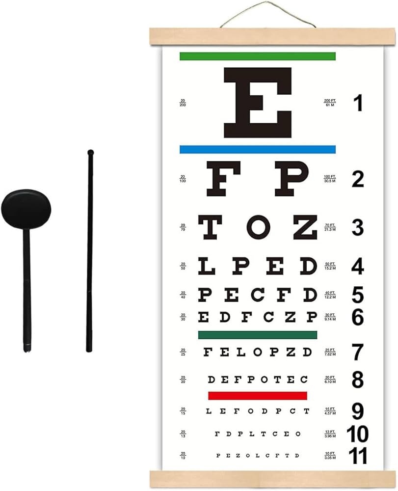 Amazon DMCBY Eye Chart Snellen Eye Chart For Eye Exams 20 Feet With Wood Frame 11x22 Inches Canvas Low Vision Test Wall With Eye Occluder Hand Pointer For Kids Gifts 20 Feet