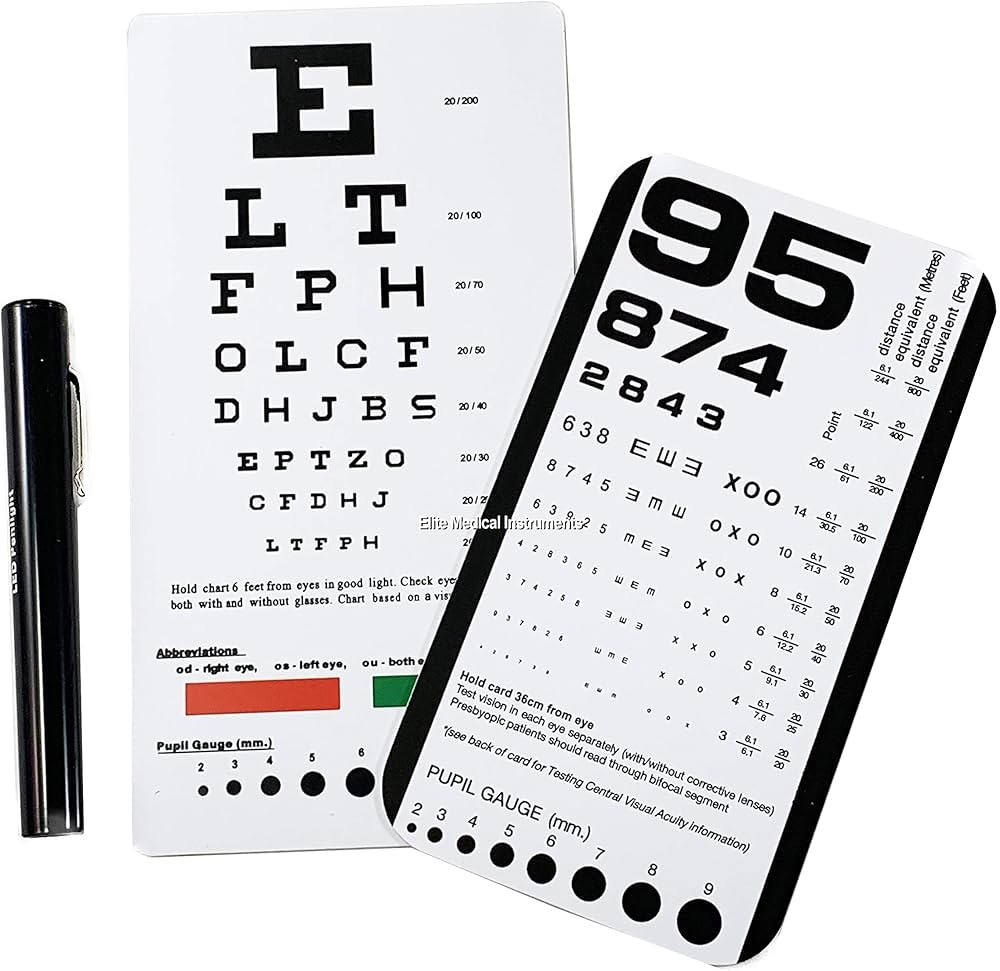 Amazon Elite Medical Instruments 3 Piece Pocket Eye Chart Set Snellen Rosenbaum Charts With LED Penlight For Vision Screening Eye Exam Testing At 6 Foot Distance Industrial Scientific