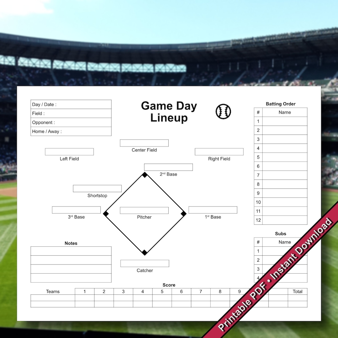 Baseball Game Day Lineup Form Printable PDF Instant Digital Download Etsy