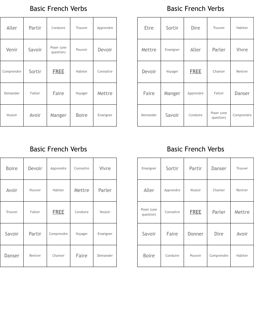 Basic French Verbs Bingo Cards WordMint