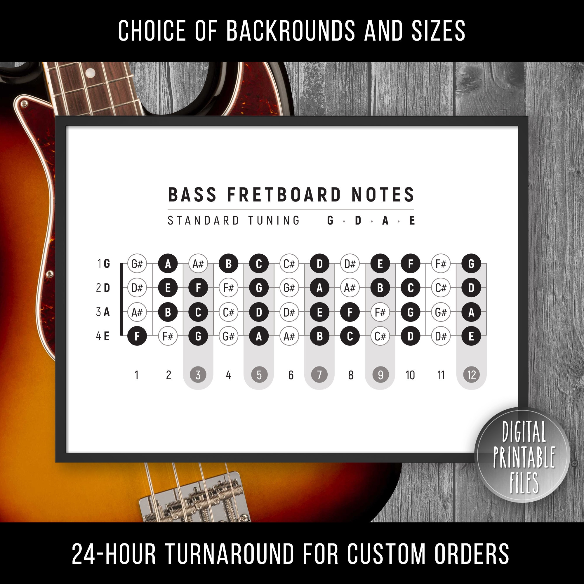 Bass Guitar Fretboard Notes Chart Personalized Printable Art Custom Digital Poster Instant Download Guitar Music Theory Print Gift Etsy
