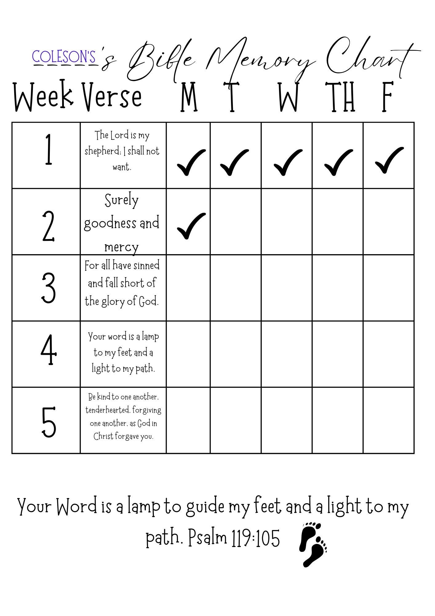 BLANK Bible Verse Memory Chart kids Bible Drill Christian School 