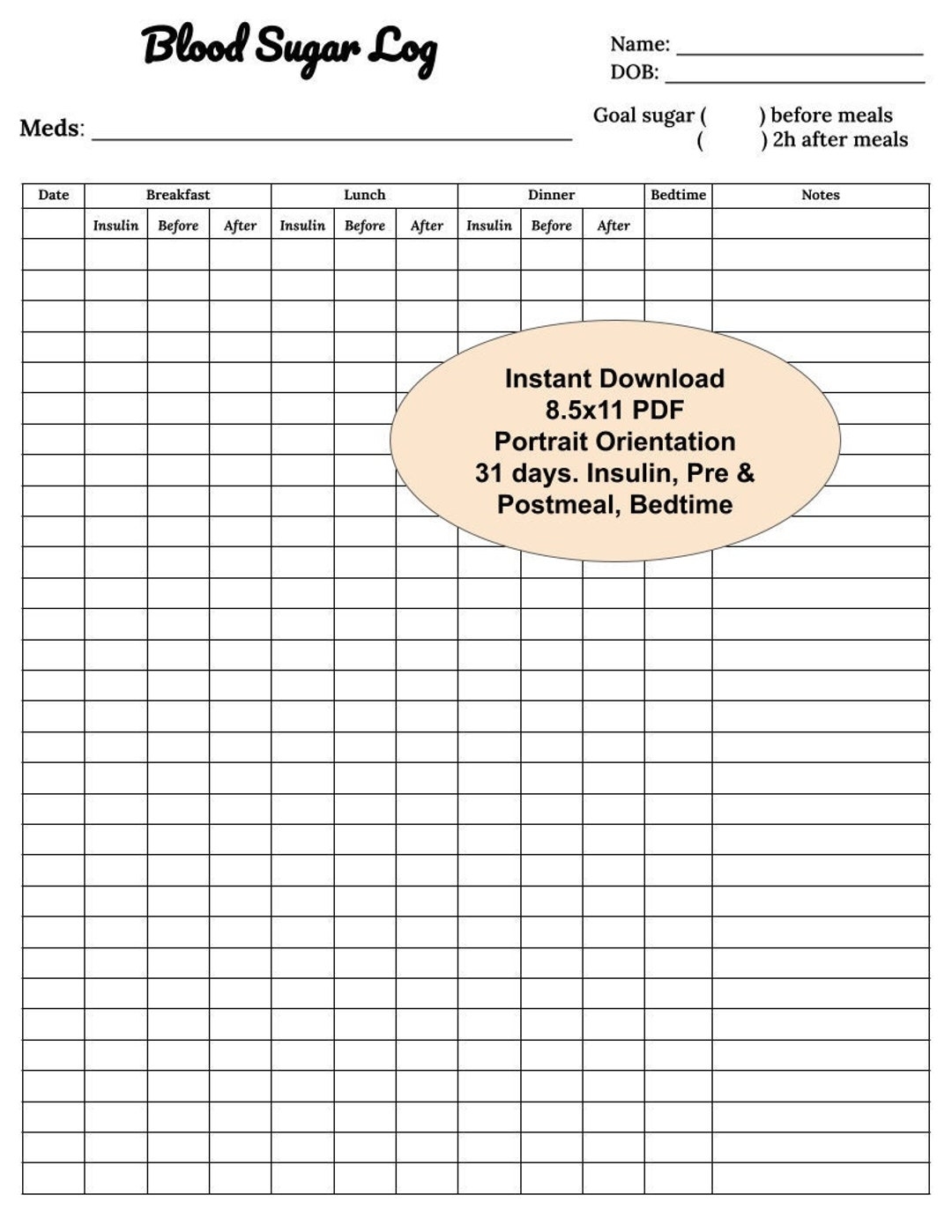 Printable Glucose Monitoring Chart