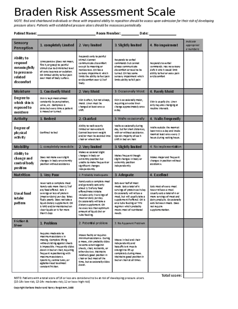 Braden Morse Risk Assessment Scales Template Updated 2020 Studocu