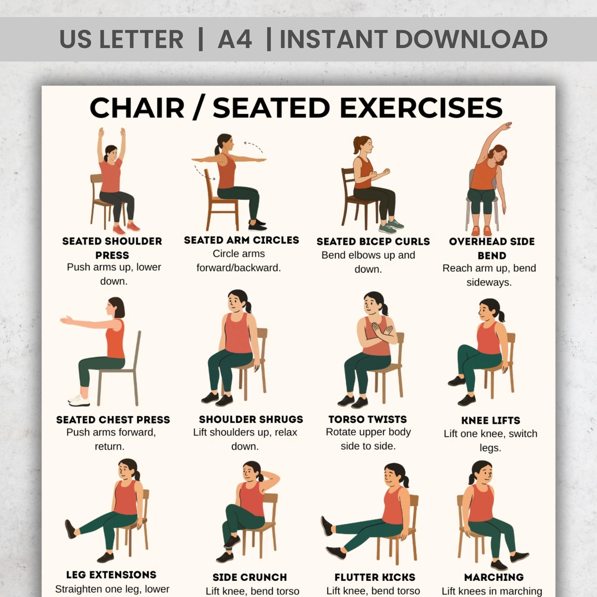 Chair Seated Exercises Gentle Workout PDF Low Impact Fitness For Seniors Adults Printable Exercise Chart Instant Download Etsy