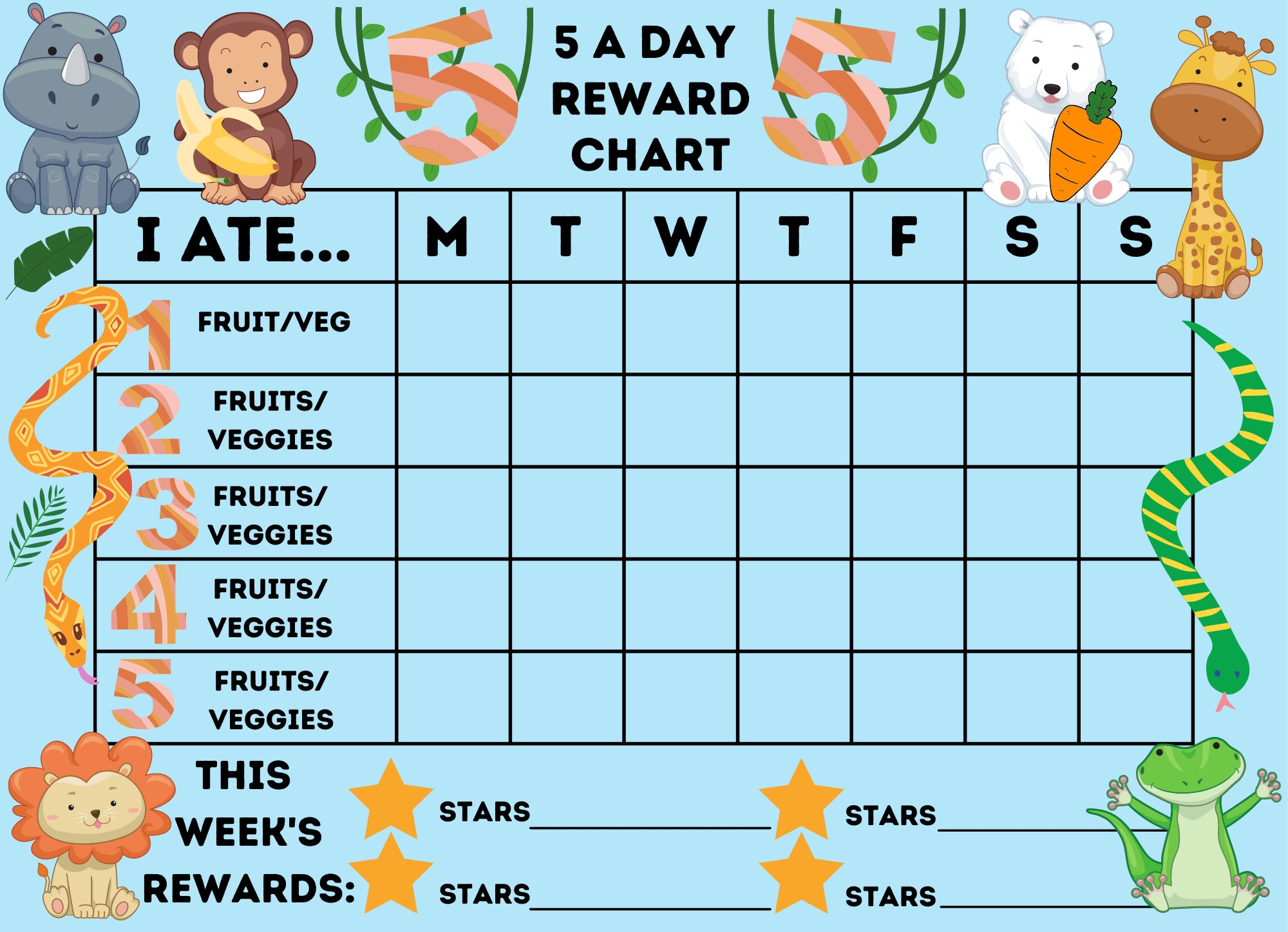 Children s 5 A Day Reward Chart Jungle Animals Theme Download And Print Etsy