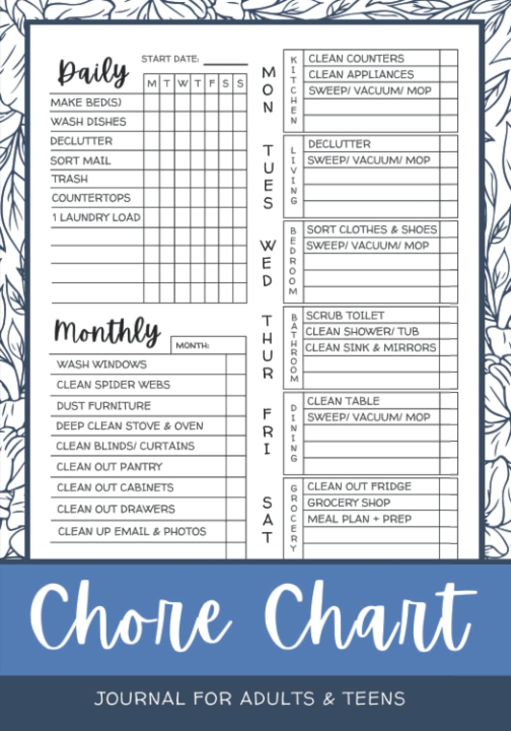 Chore Chart Journal For Adults Teens Daily Weekly Monthly Housework And Cleaning Schedule Checklist Planner Vosee Val Amazon de Books