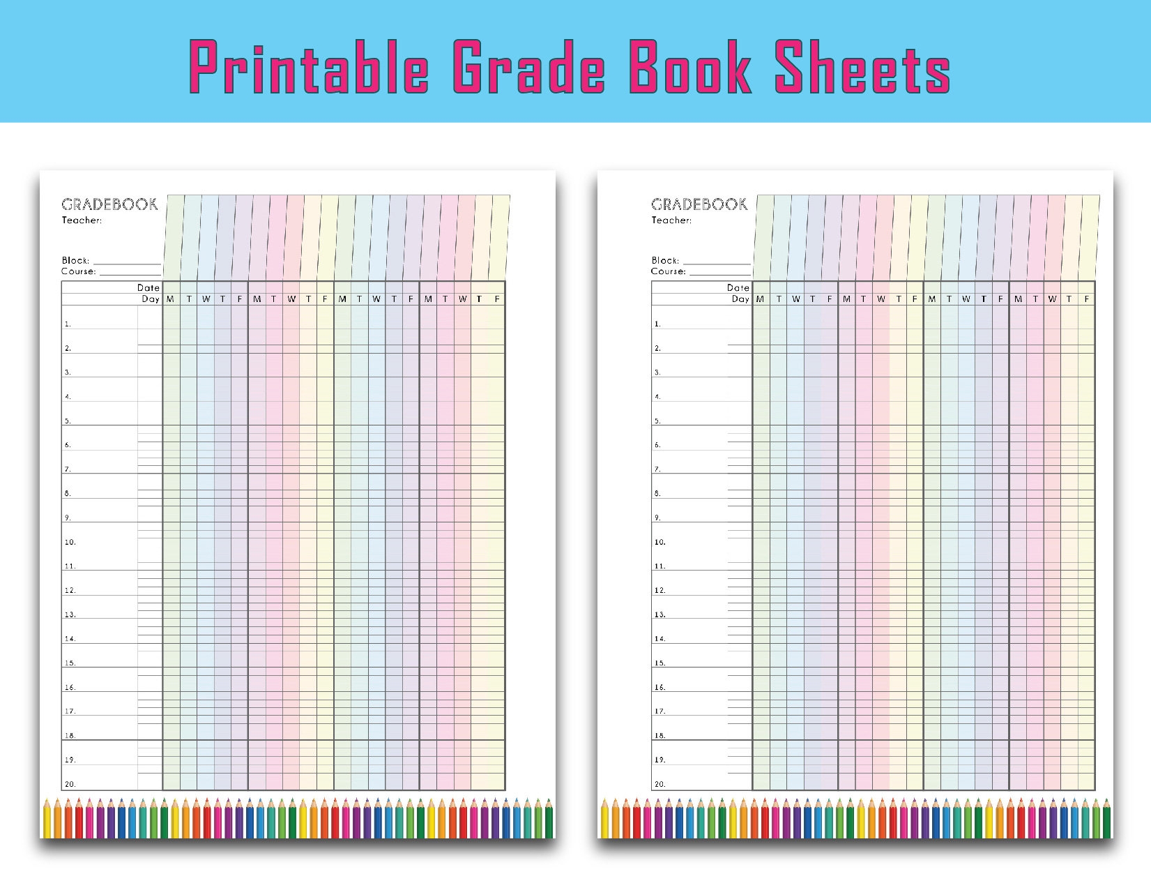 Colorful Teacher Grade Sheet Printable Grade Log Teacher Gradebook Full Page 3 Options Instant Download Etsy
