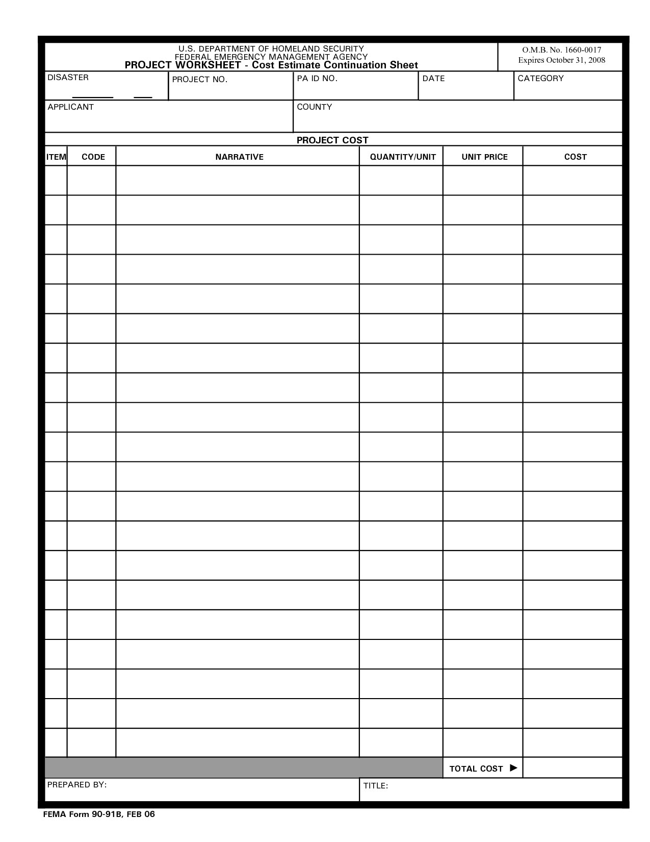 Cost Estimate Continuation Sheet