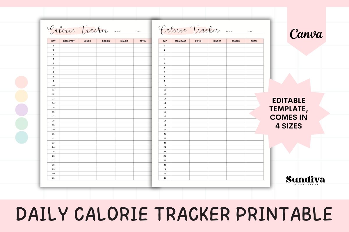 Daily Calorie Tracker Editable Template 5 Colors