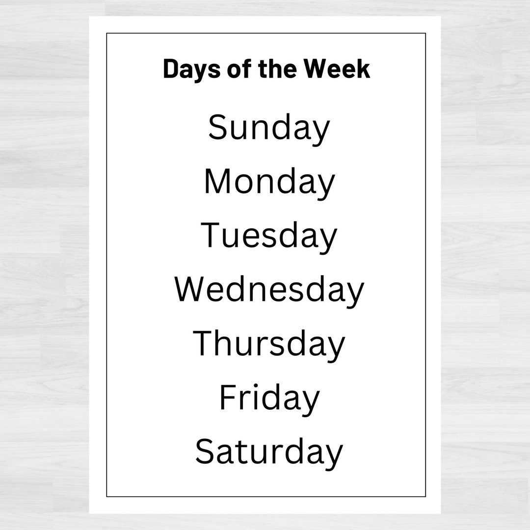 Days Of The Week Printable Chart Days Of The Week Poster Classroom Resources Learning Resources School Readiness Activities Pre k Etsy UK