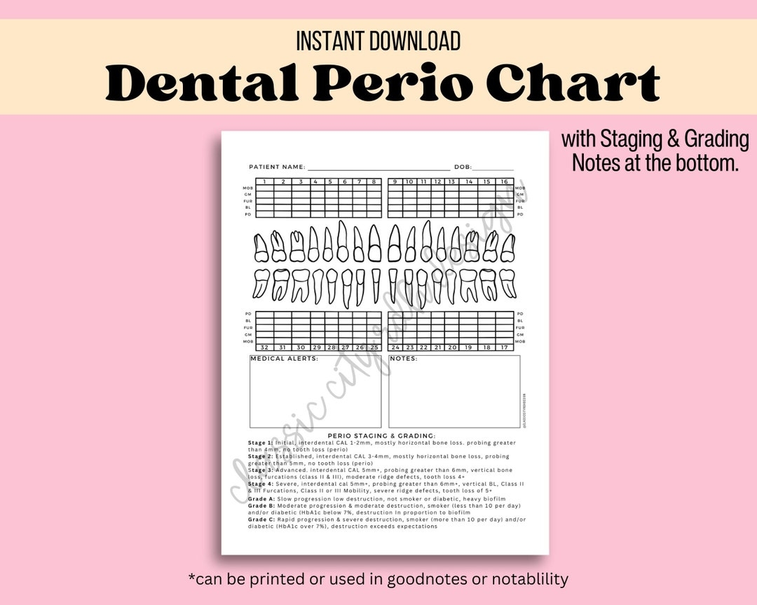 Dental Periodontal Chart With Grading And Staging Available As An Instant Digital Download For Dental Hygienists Can Be Printed Or Digital Etsy