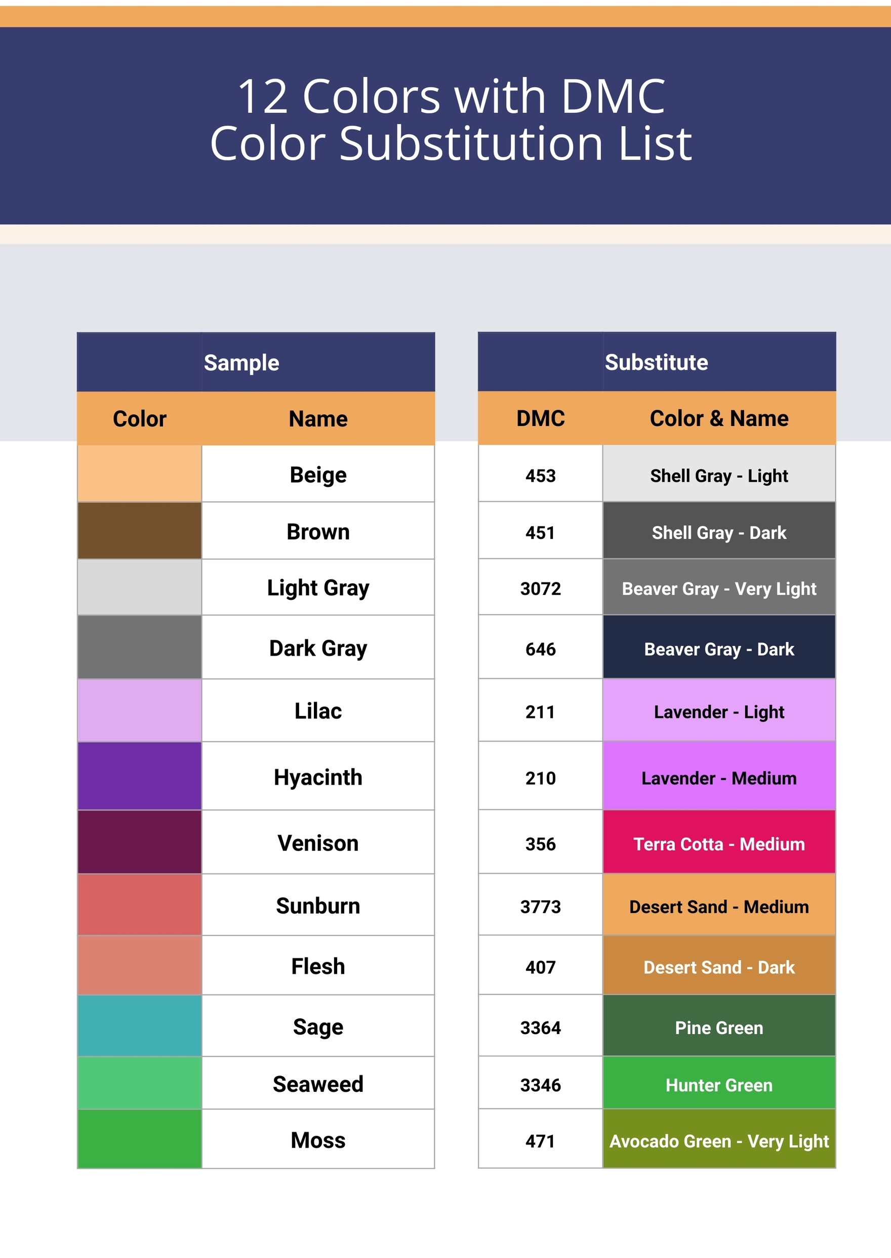 DMC Color Chart And Substitutions List In Illustrator PDF 