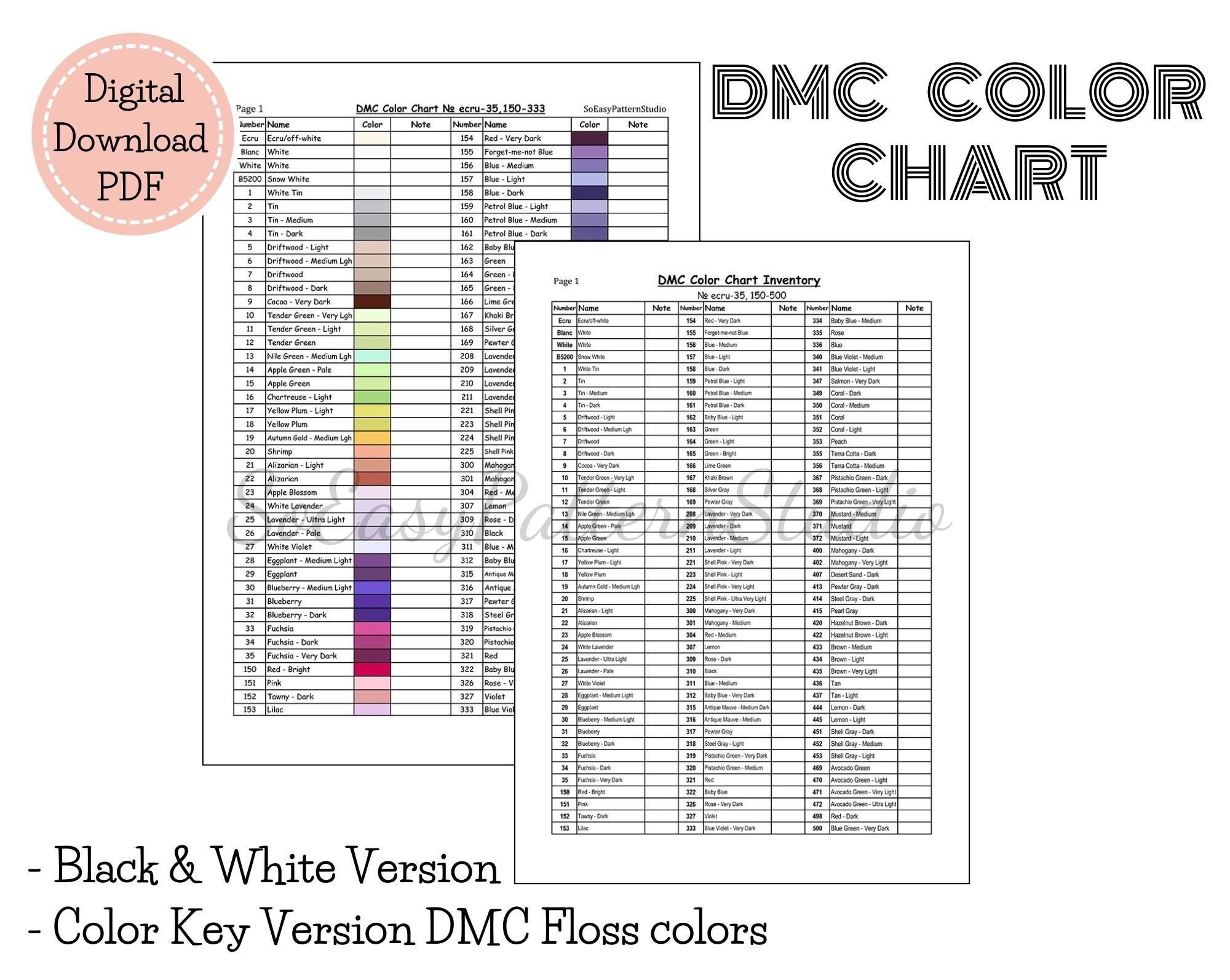 DMC Floss Color Chart PDF Download File DMC Threads Color Shade Chart For Cross Stitch Thread Etsy