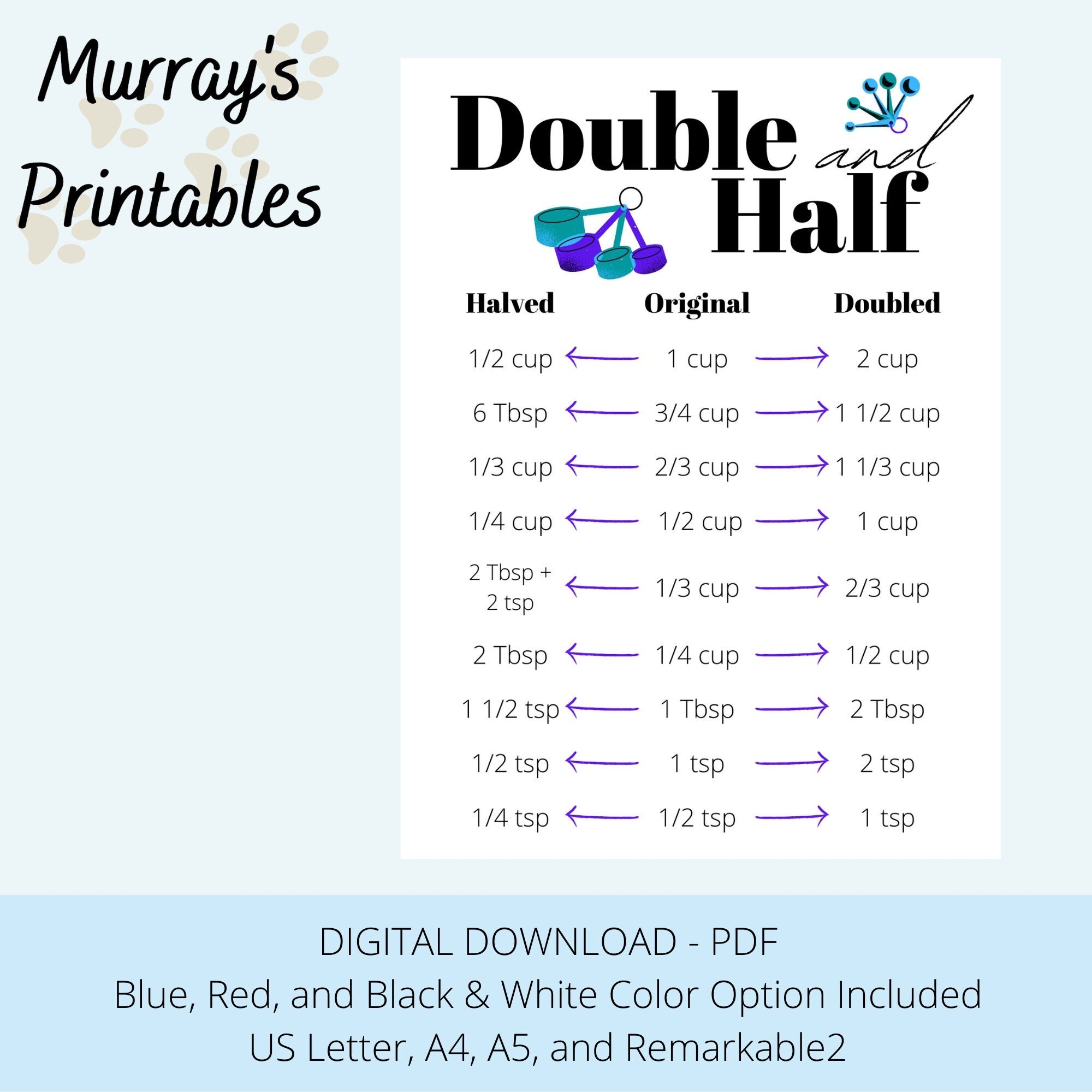 Double Or Half Recipe Conversion Chart Printable A4 A5 US Letter Remarkable 2 Etsy Double Or Half Recipe Conversion Chart Printable A4 A5 US Letter Remarkable 2 Etsy
