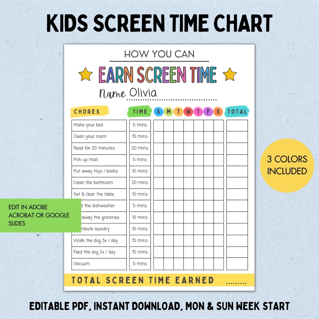 Earn Screen Time Printable Kids Screen Time Checklist Editable Screen Time Chart Teens Screen Time Tracker How To Earn Screen Time Chart Etsy Canada
