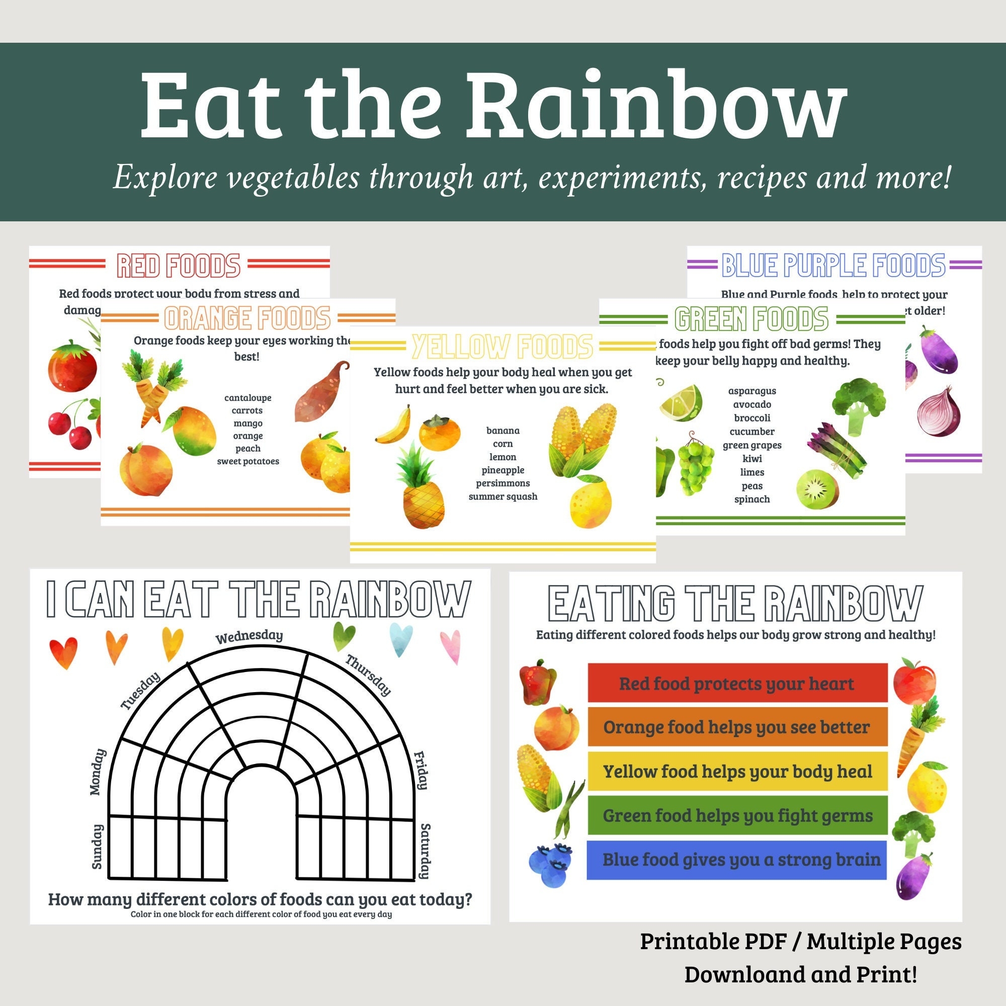 Eat The Rainbow Food Tracker Printable Chart Preschool And Kindergarten Printable Checklist Etsy