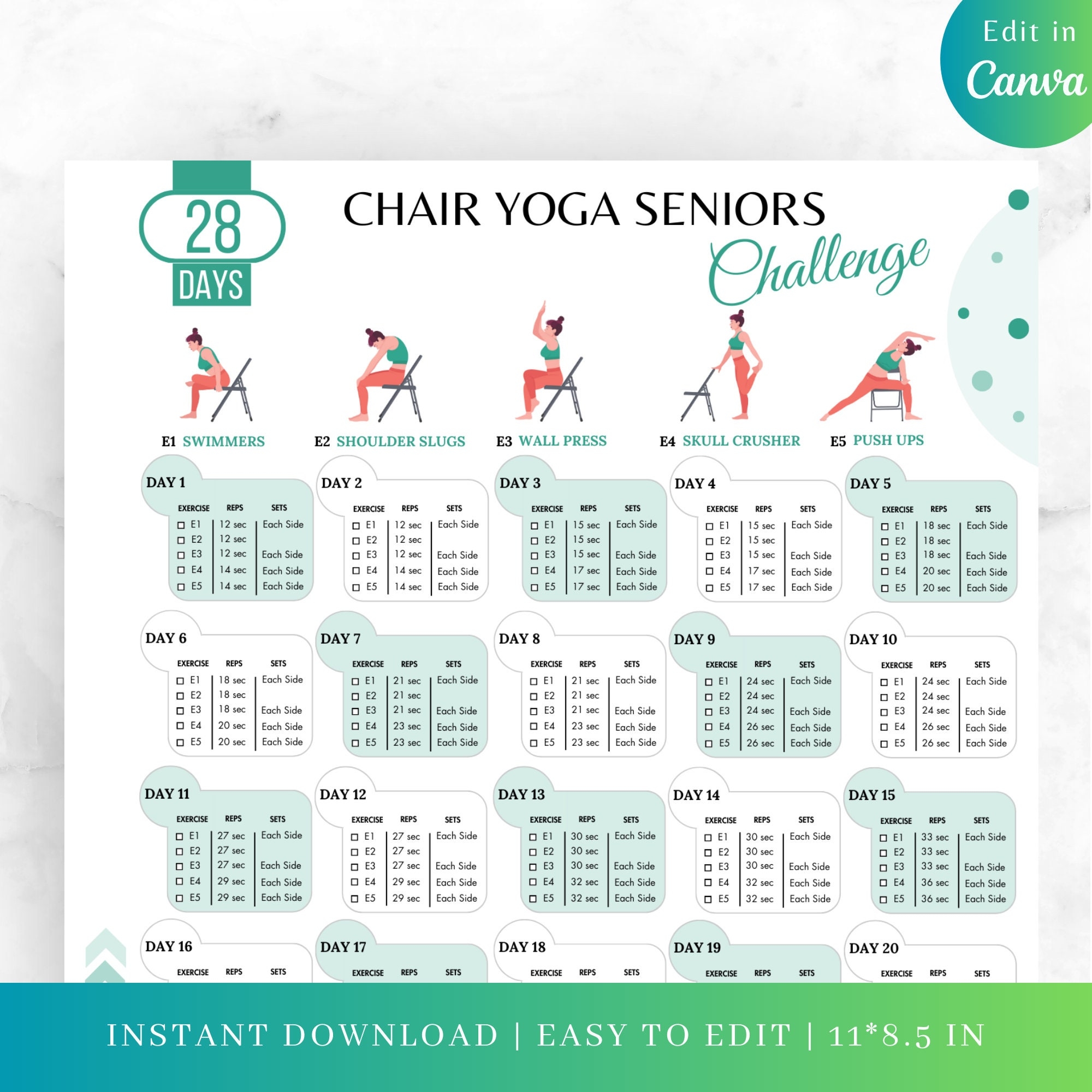 Editable 28 DAYS Chair Yoga Seniors Challenge Chair Yoga Seniors 28 Days Challenge Product Fitness Chair Yoga For Women Desk Yoga Etsy