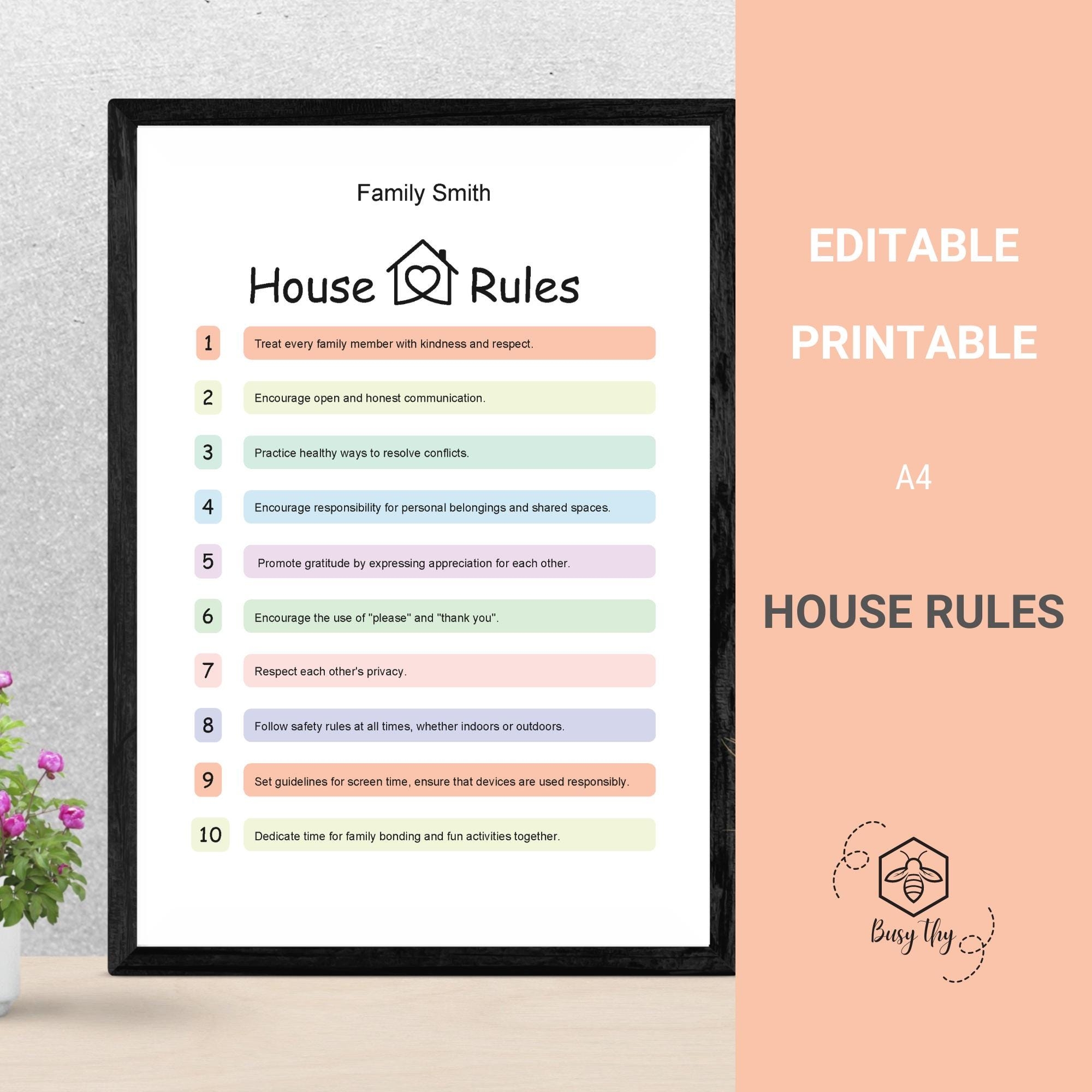 Editable House Rules Print Family Values Decor A4 PDF Etsy
