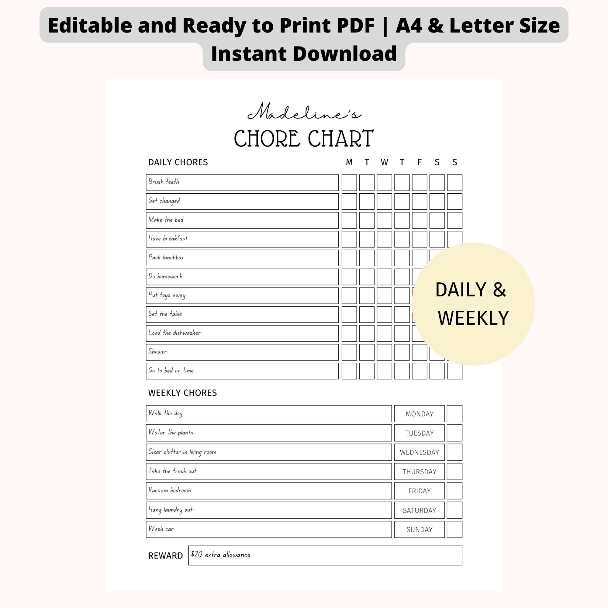 Editable Kids Chore Chart Daily Weekly Reward System printable PDF Etsy