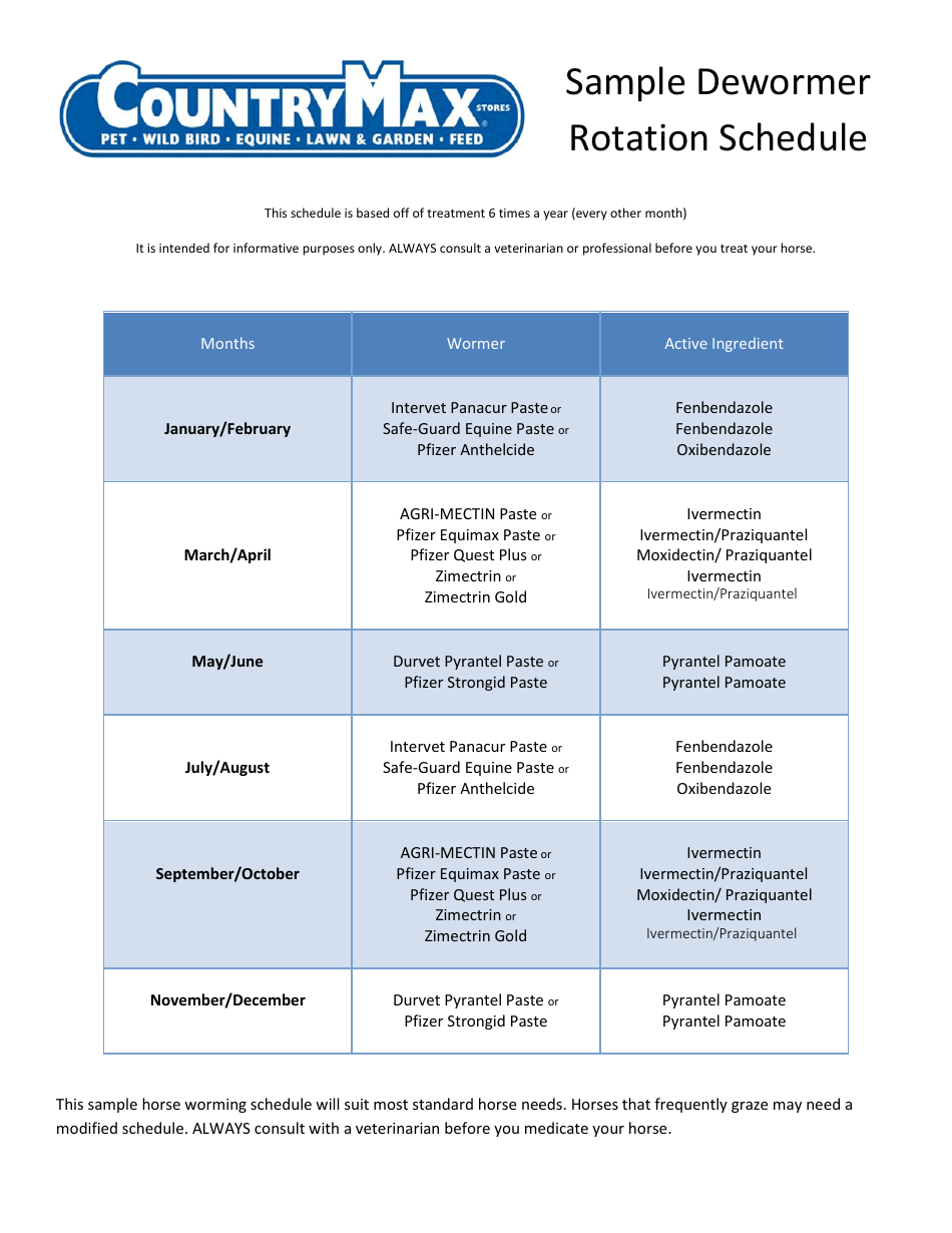 Equine Dewormer Rotation Schedule Template Country Max Download Printable PDF Templateroller