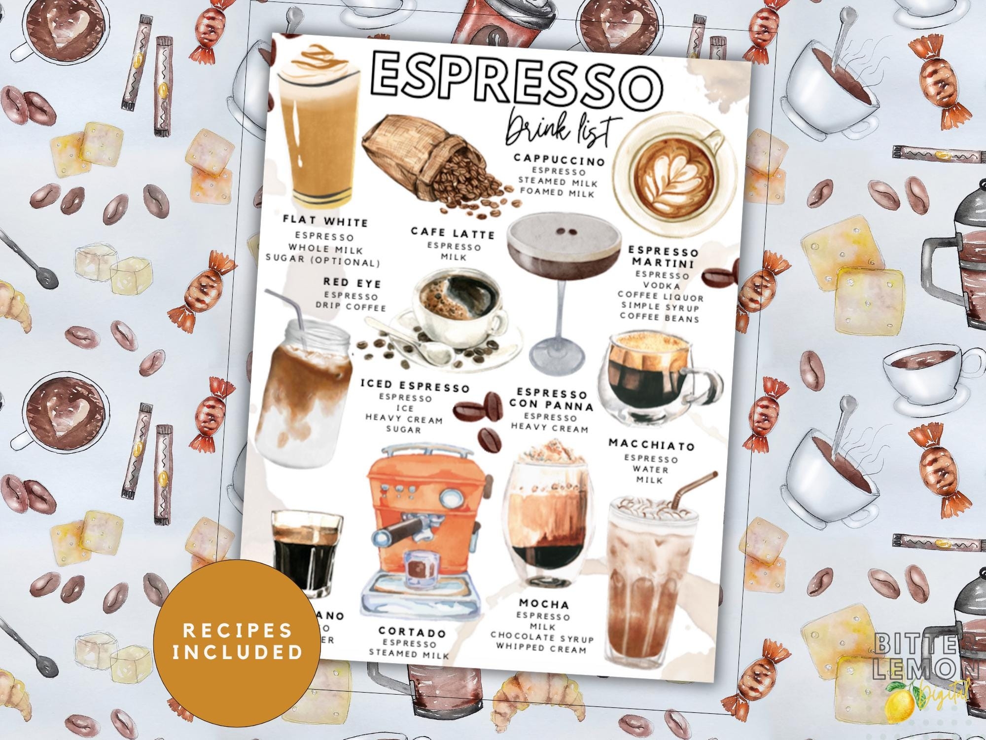 Espresso Drink Recipes Print Illustrated Coffee Guide PDF Etsy