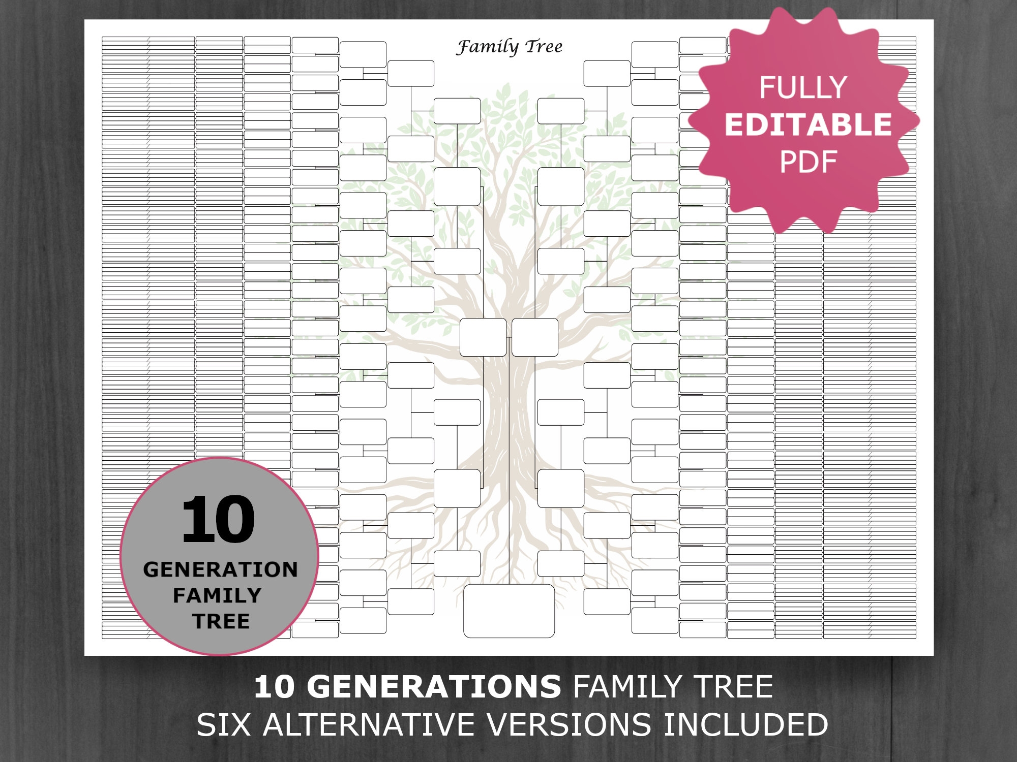 Family Tree Chart 10 Generations Printable And Editable Family Tree Template Digital Pedigree Chart Ancestral Genealogy Template Etsy