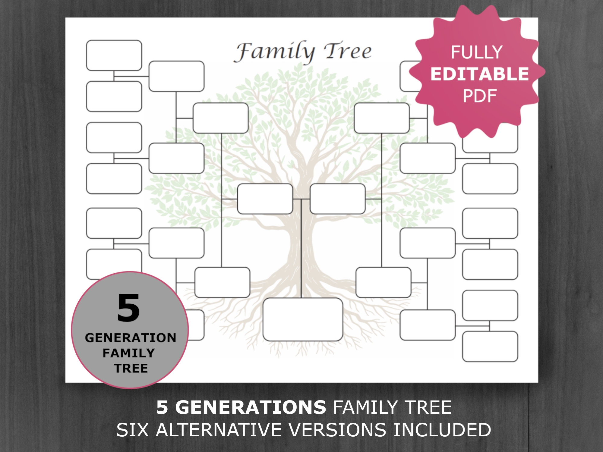 Family Tree Chart 5 Generations Printable And Editable Family Tree Template Digital Ancestor pedigree Chart Ancestral Genealogy Template Etsy