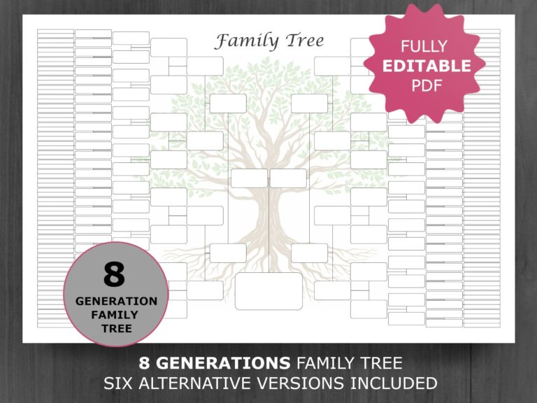 Family Tree Chart 8 Generation Printable And Editable Genealogy Template PDF Etsy