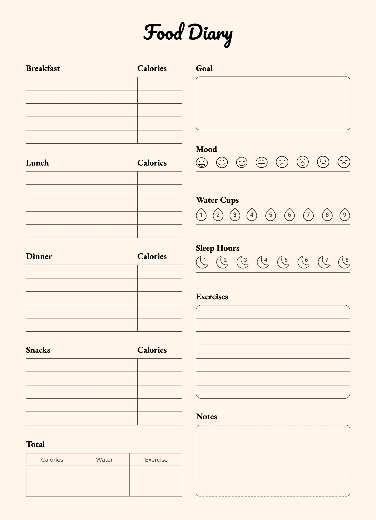 Printable Food Diary Chart