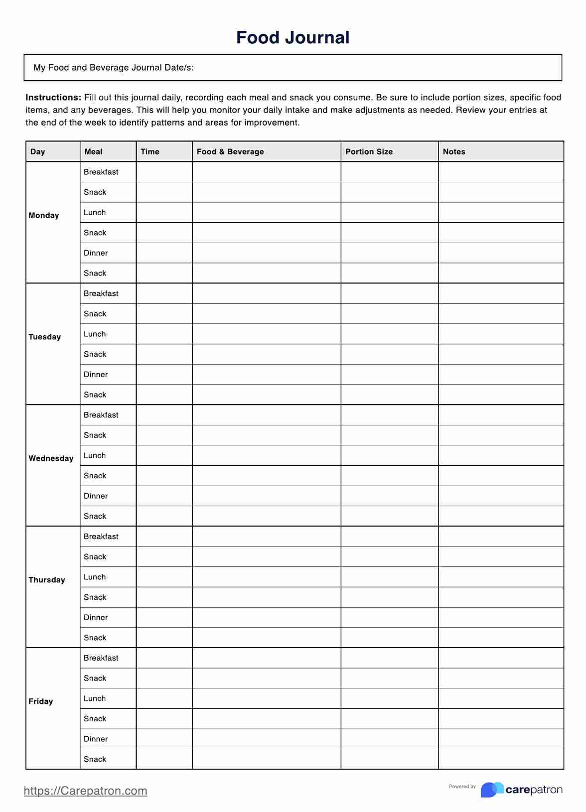 Free Printable Daily Food Intake Chart