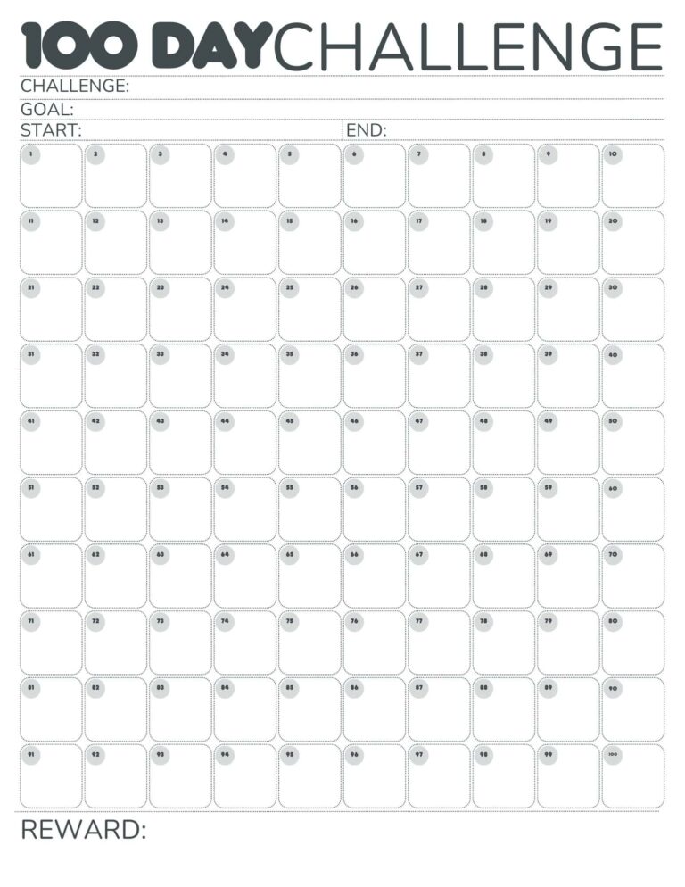 Free 100 Day Challenge Calendar