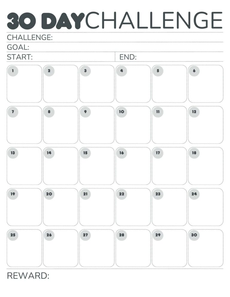 Free 30 Day Challenge Calendar