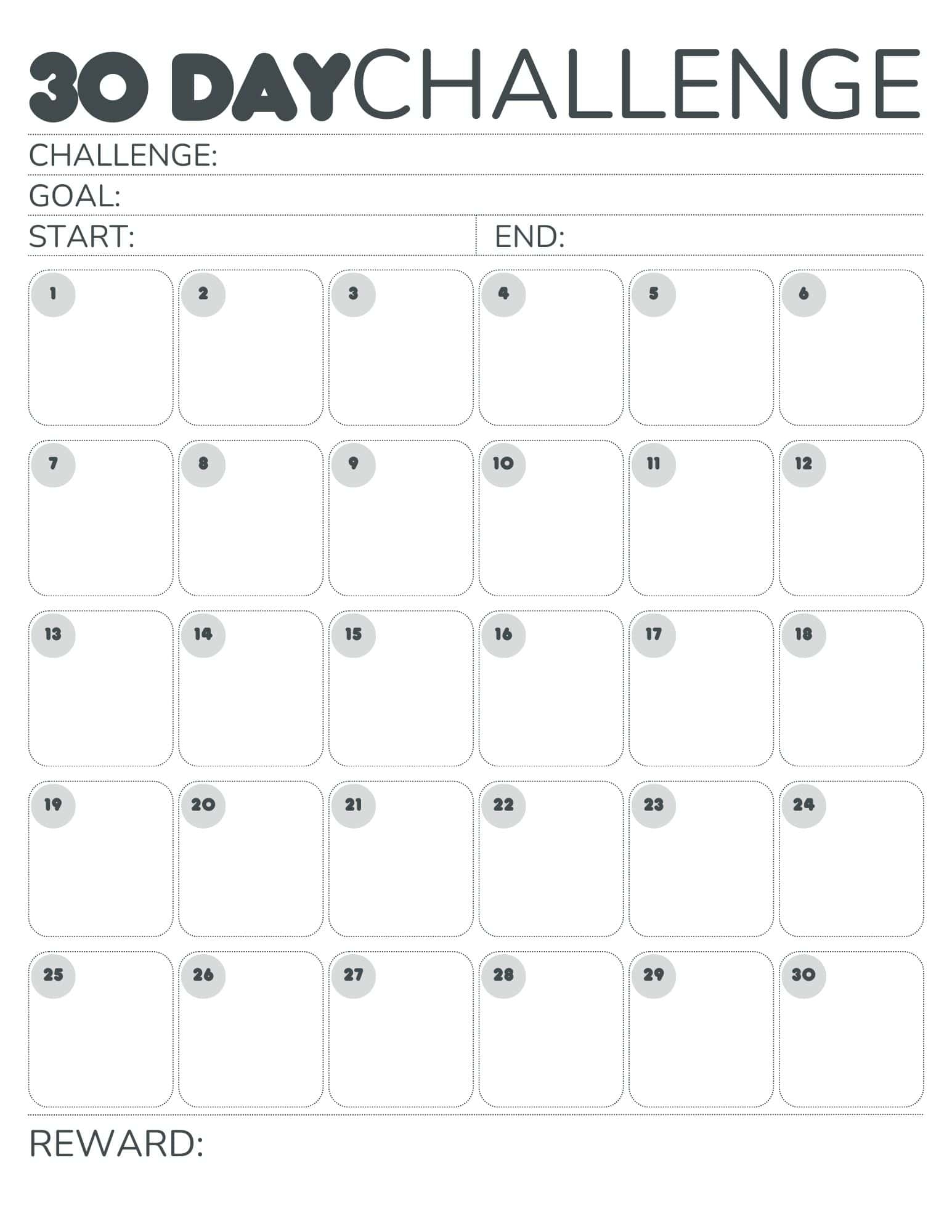 Free 30 Day Challenge Calendar