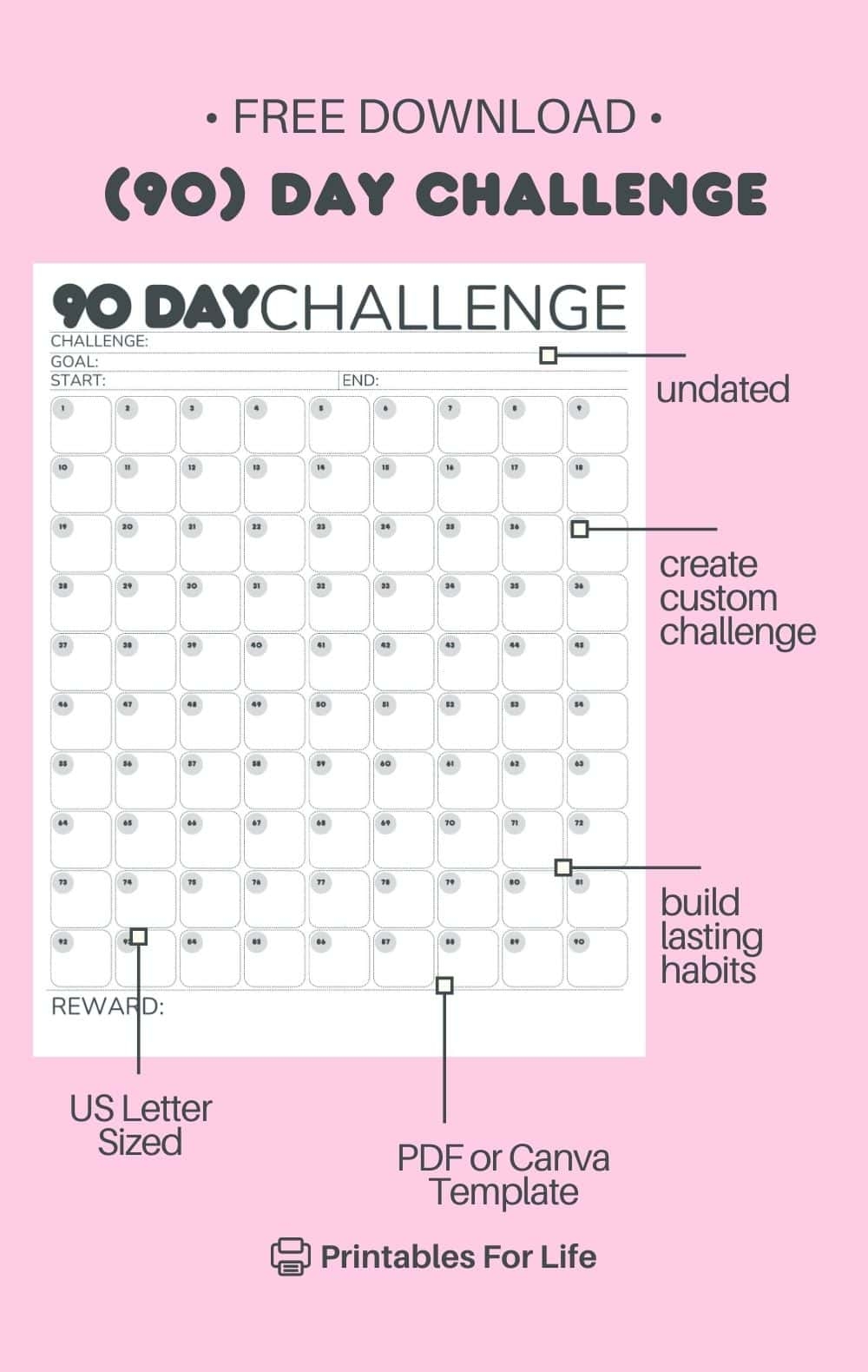 Free 90 Day Challenge Calendar