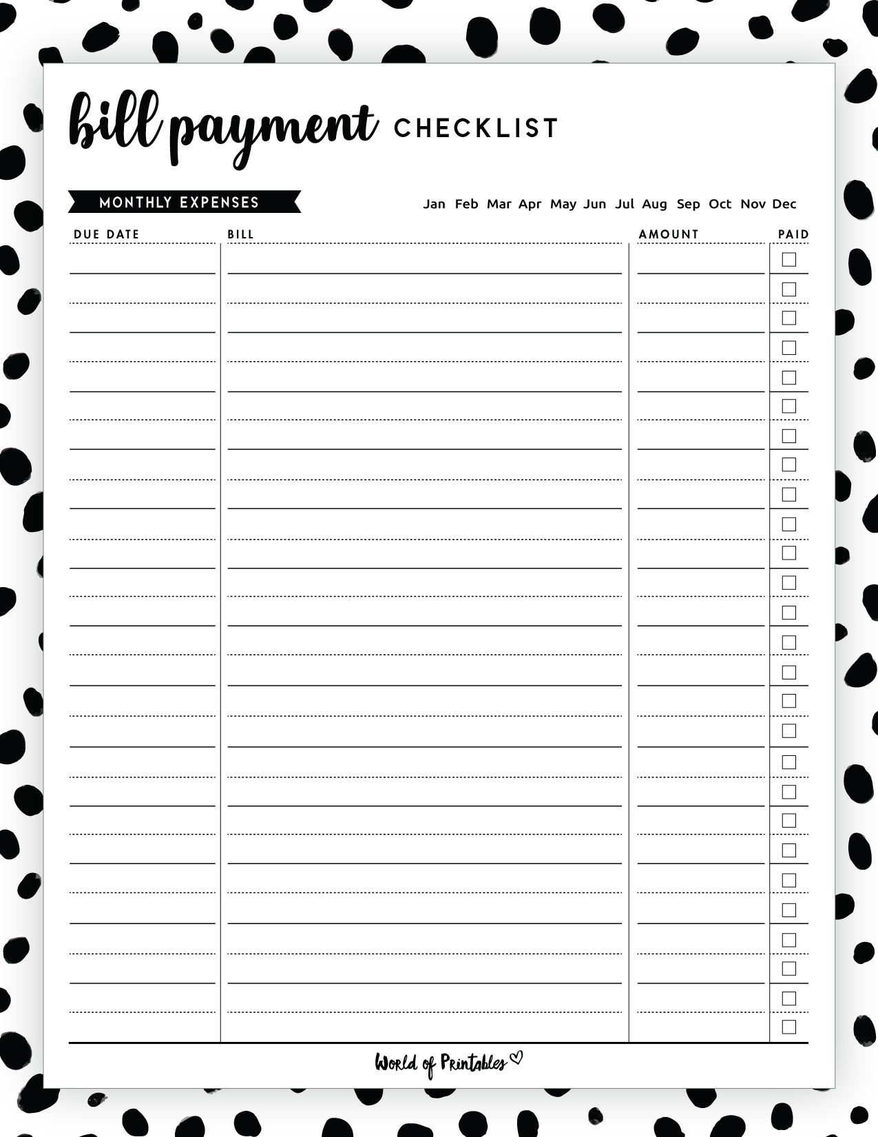 Free Printable Monthly Bill Chart
