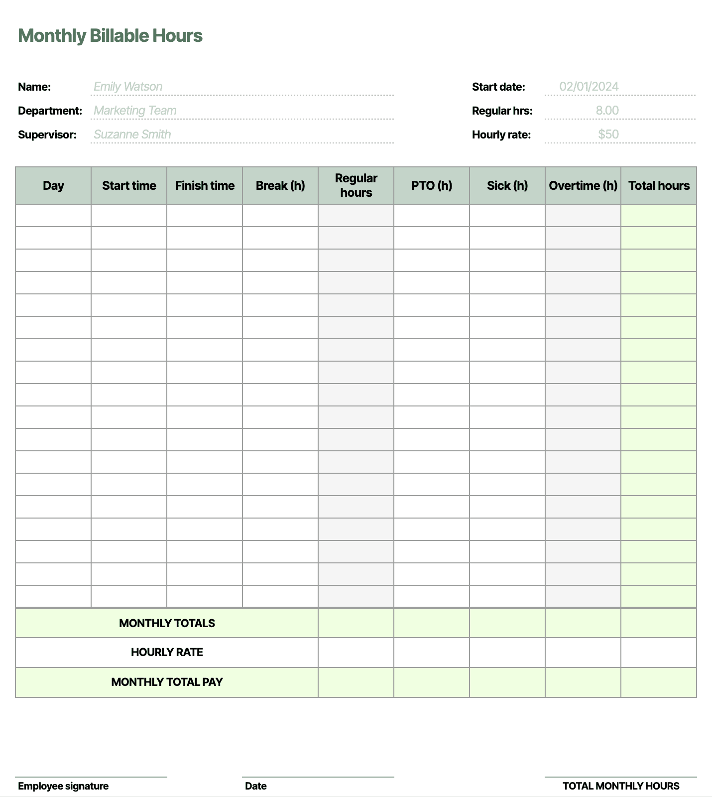 Free Billable Hours Chart TEMPLATES EARLY