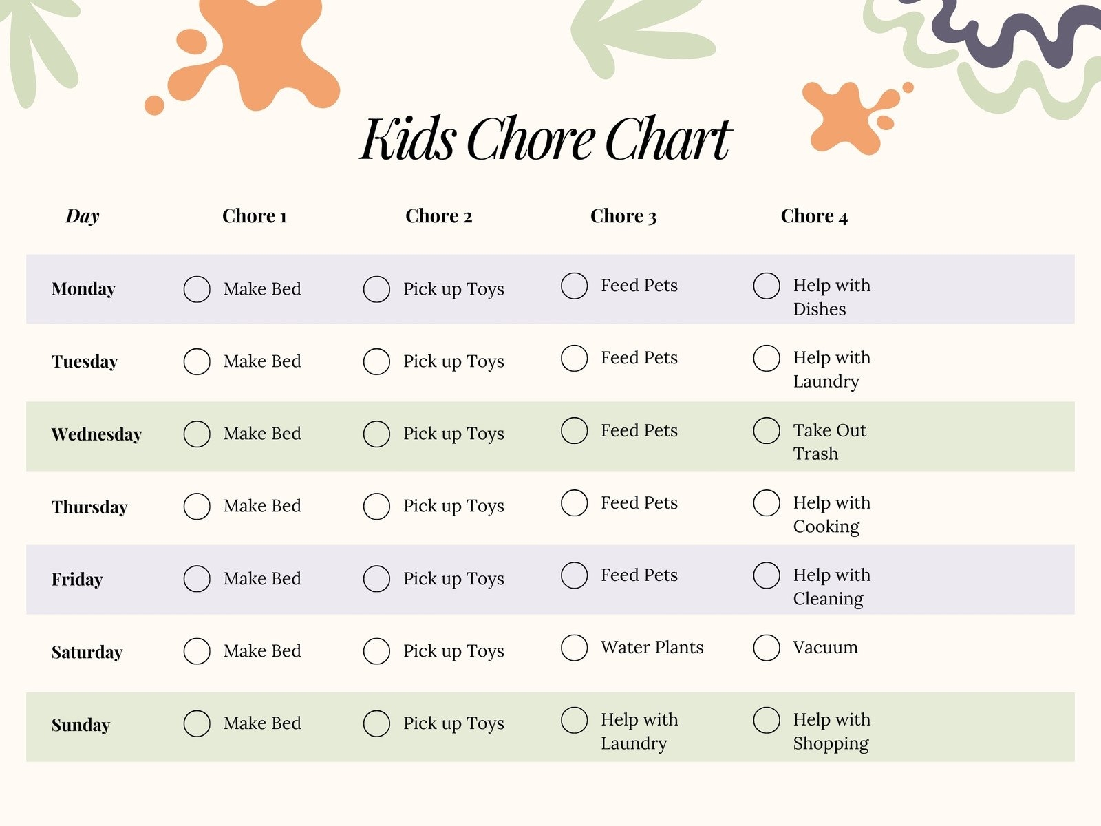 Free Printable Customizable Chore Chart Template