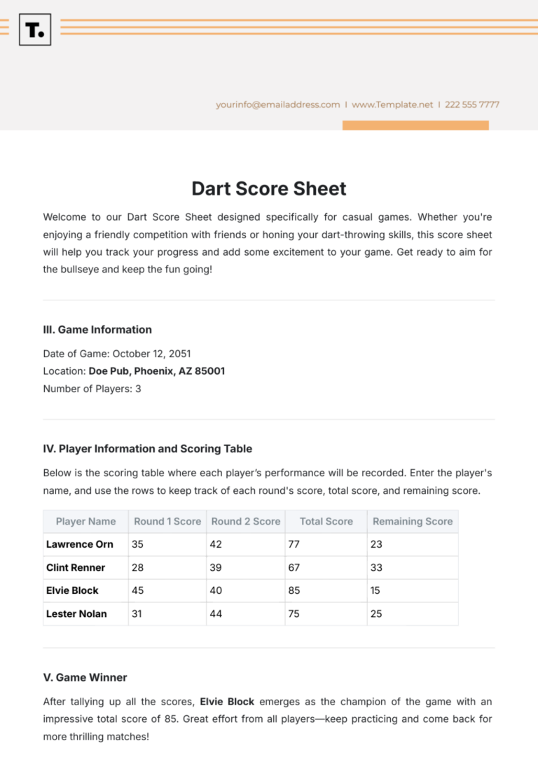 Free Dart Score Sheet Template To Edit Online