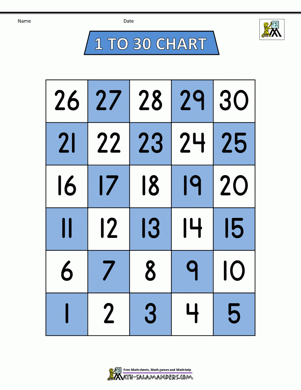 Free Printable Number Chart 1 30