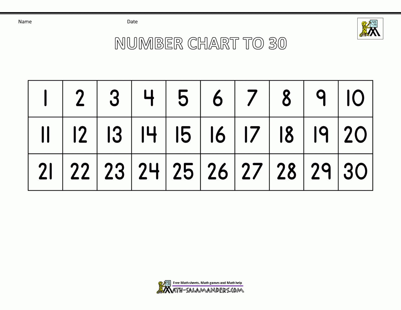 Free Number Chart 1 30